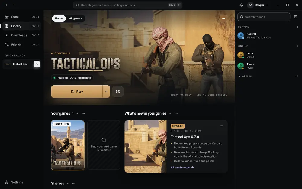 The Gameway app on Windows: the library with Tactical Ops ready to play